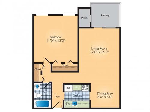 1 Bed 1 Bath 728sf